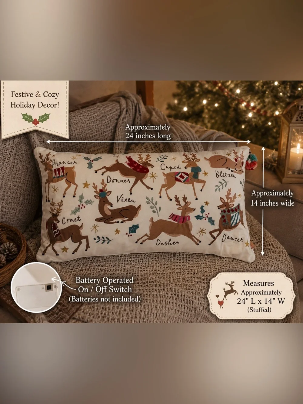 Festive Reindeer Lumbar Pillow - White and Brown
